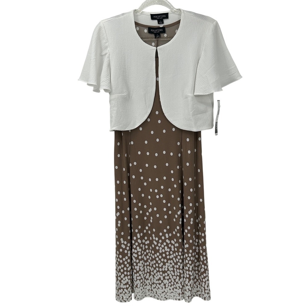 Perceptions New York Womens Brown White Polka Dot Dress and‎ Bolero Jacket Set S